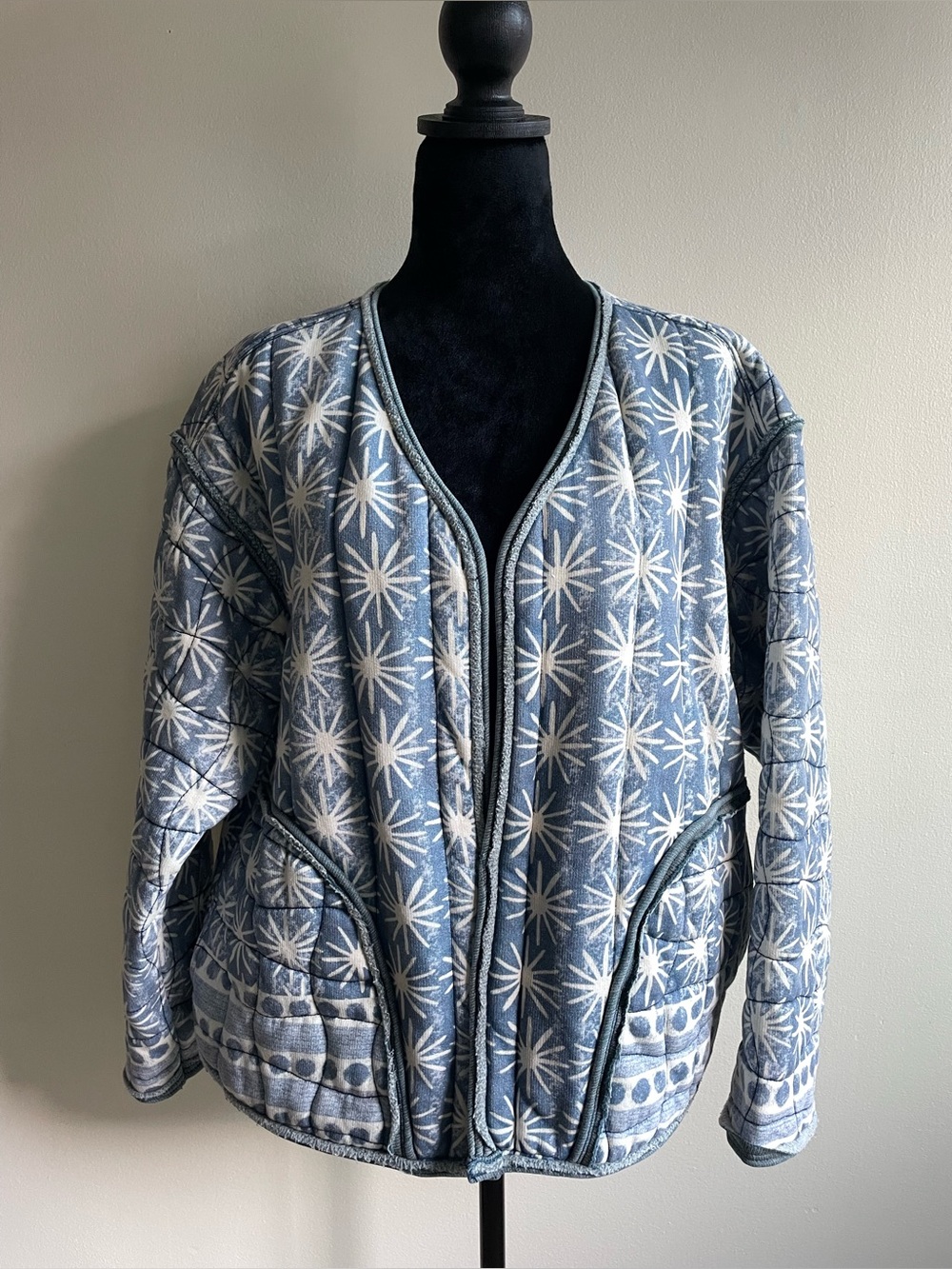 Free People We The Free Kara Quilted Cardi Jacket Blue Boho Large
